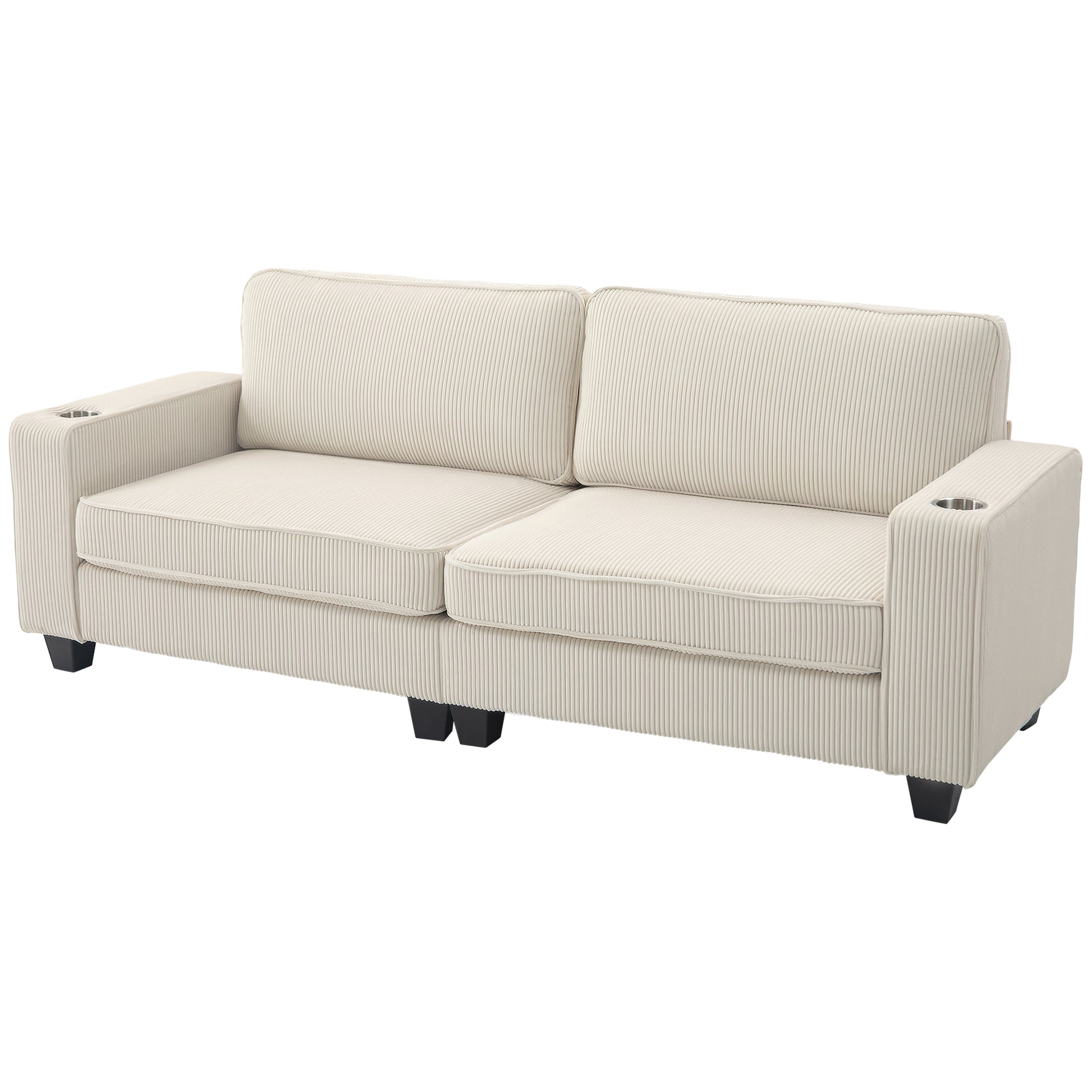 HOMCOM Three Seater Sofa, Fabric 3 Seater Couch with Spring Cushion and Cup Holders for Living Room, Bedroom, Cream White 
