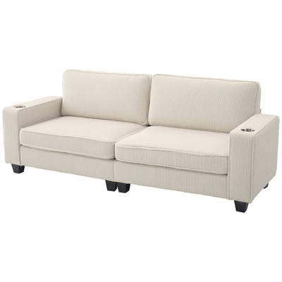 HOMCOM Three Seater Sofa, Fabric 3 Seater Couch with Spring Cushion and Cup Holders for Living Room, Bedroom, Cream White 