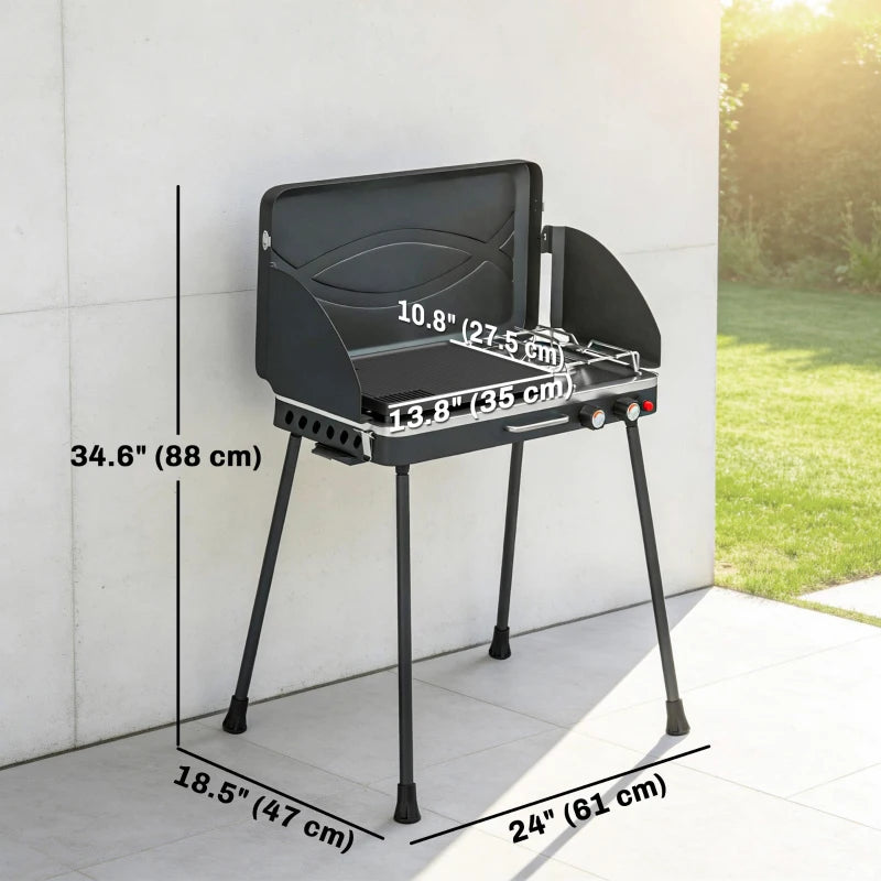Outsunny 2-in-1 Camping Stove & Gas Griddle Combo, 20,000 BTU Portable Propane Grill with Detachable Legs, Wind Guards, Black
