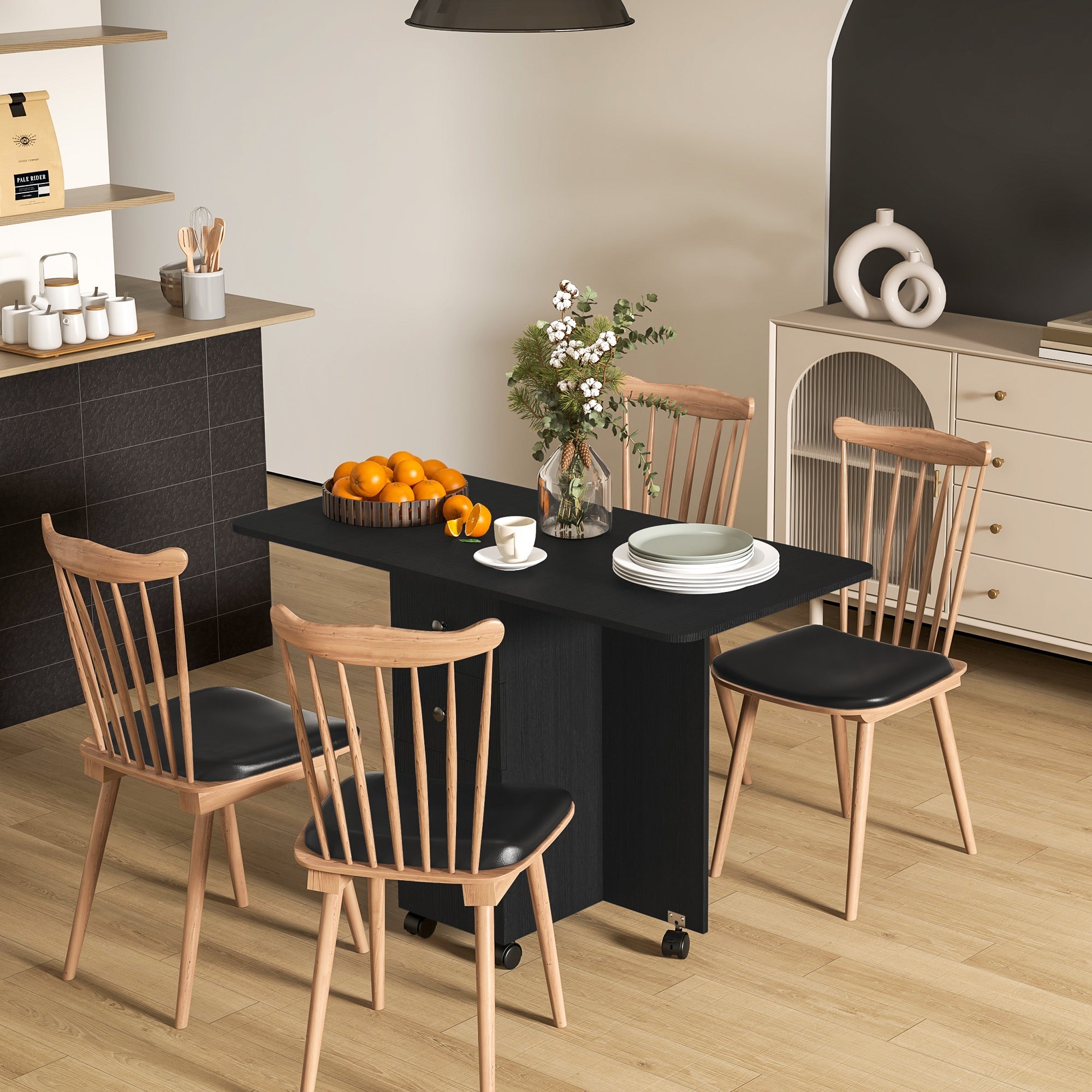 HOMCOM Drop Leaf Dining Table, Mobile Folding Table on Wheels with Drawers and Cabinet for Dining Room, Kitchen, Black 