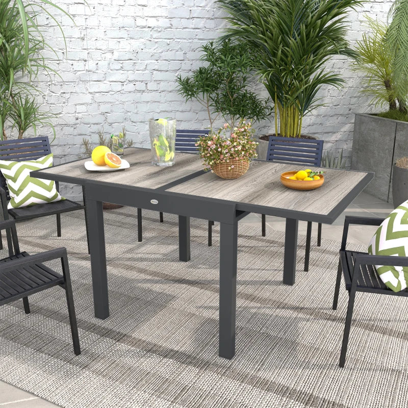 Extendable Dining Table, Rectangular Patio Outdoor Table with Aluminum Frame and Plastic Board Tabletop for Lawn, Grey