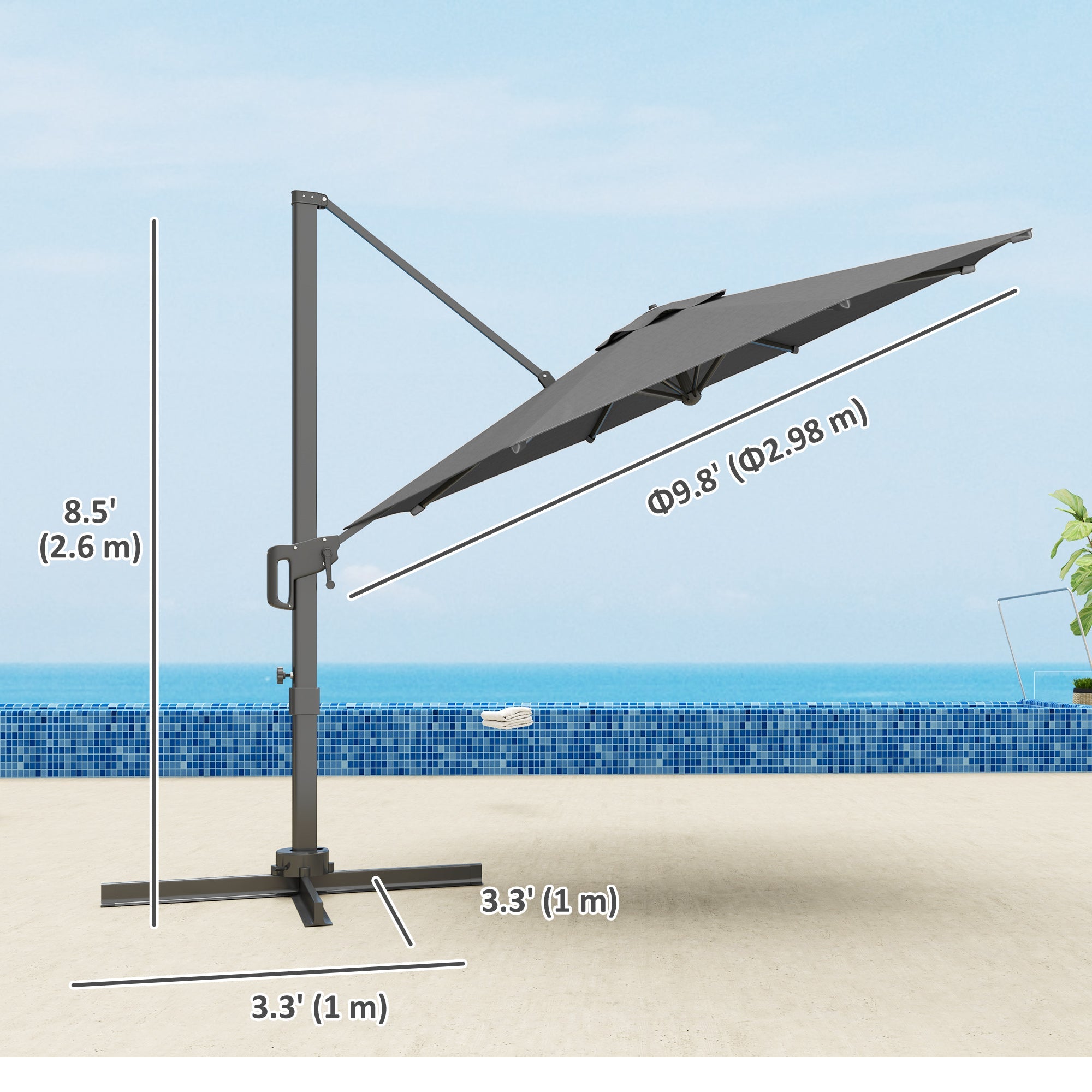 Outsunny 10' Offset Patio Umbrella Cantilever Umbrella with Aluminium Pole 360° Rotation and Tilt Adjustment, Grey 
