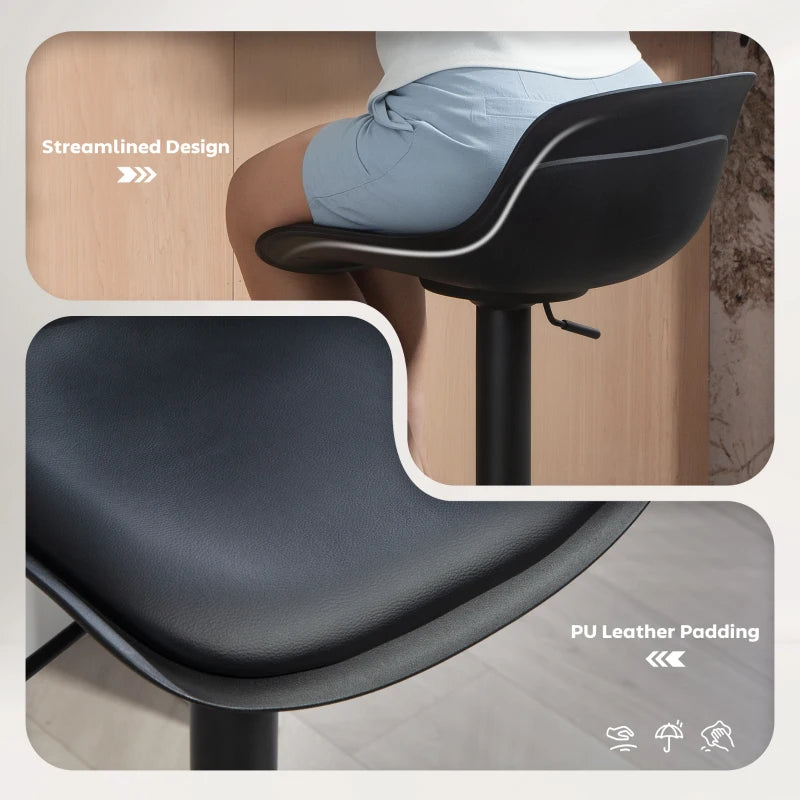 Counter Height Bar Stools Set of 2, Streamlined Bar Chairs with Adjustable Height and Swivel PU Leather Seat, Black