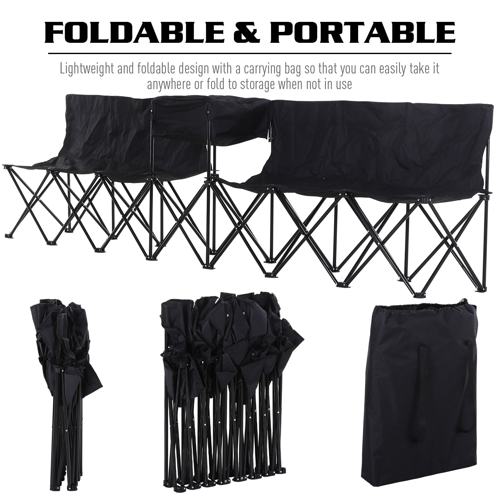 Outsunny 6 Seat Sport Bench Camp Seat Crowd Folding Portable Cooler Bag w/ Carrying Case Black 