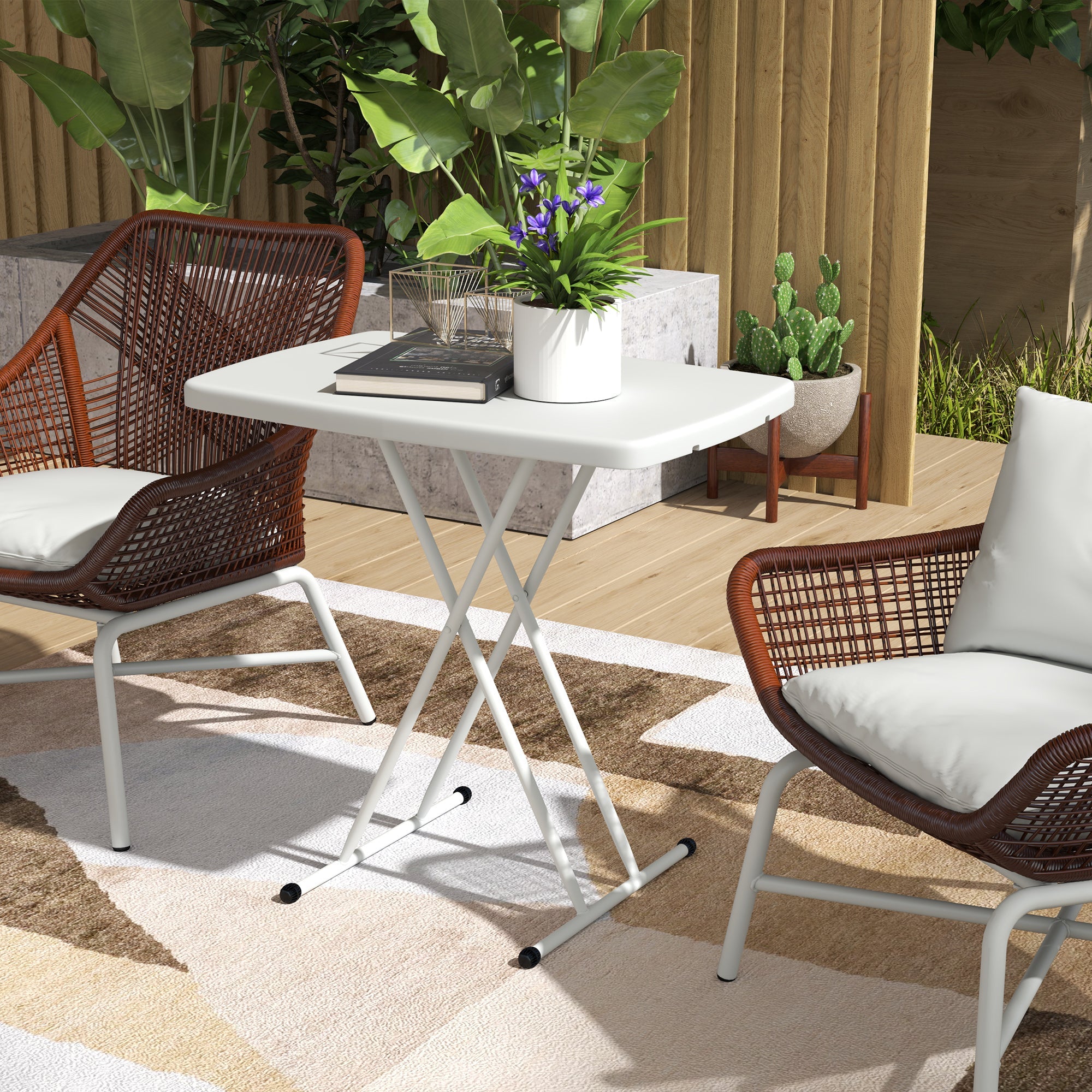 Outsunny Portable Patio Side Table, Height Adjustable Outdoor Side Table, Folding Balcony Table with HDPE Top and Metal Frame for Balcony Poolside Deck, White 