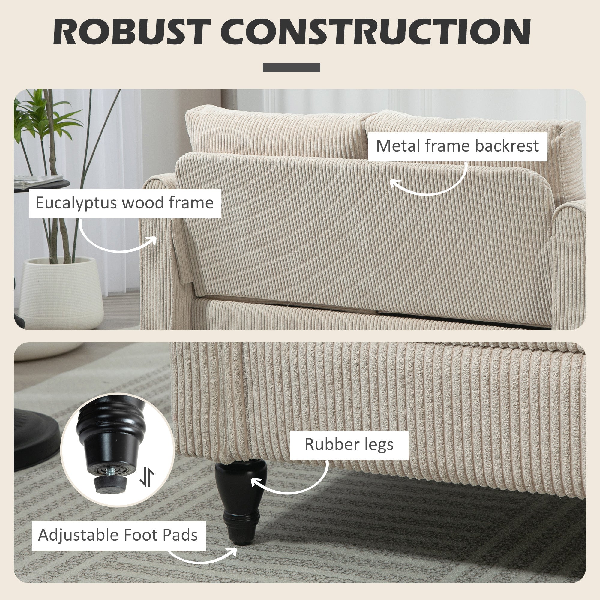 HOMCOM Vintage Loveseat, Upholstered Love Seat Furniture, Fabric 2 Seater Sofa with Rolled Arms, Rubber Wood Legs, Beige 