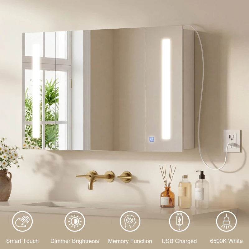 Medicine Cabinet with Mirror, Wall Mounted Bathroom Mirror Cabinet with Adjustable Shelf, USB Charge, High Gloss White
