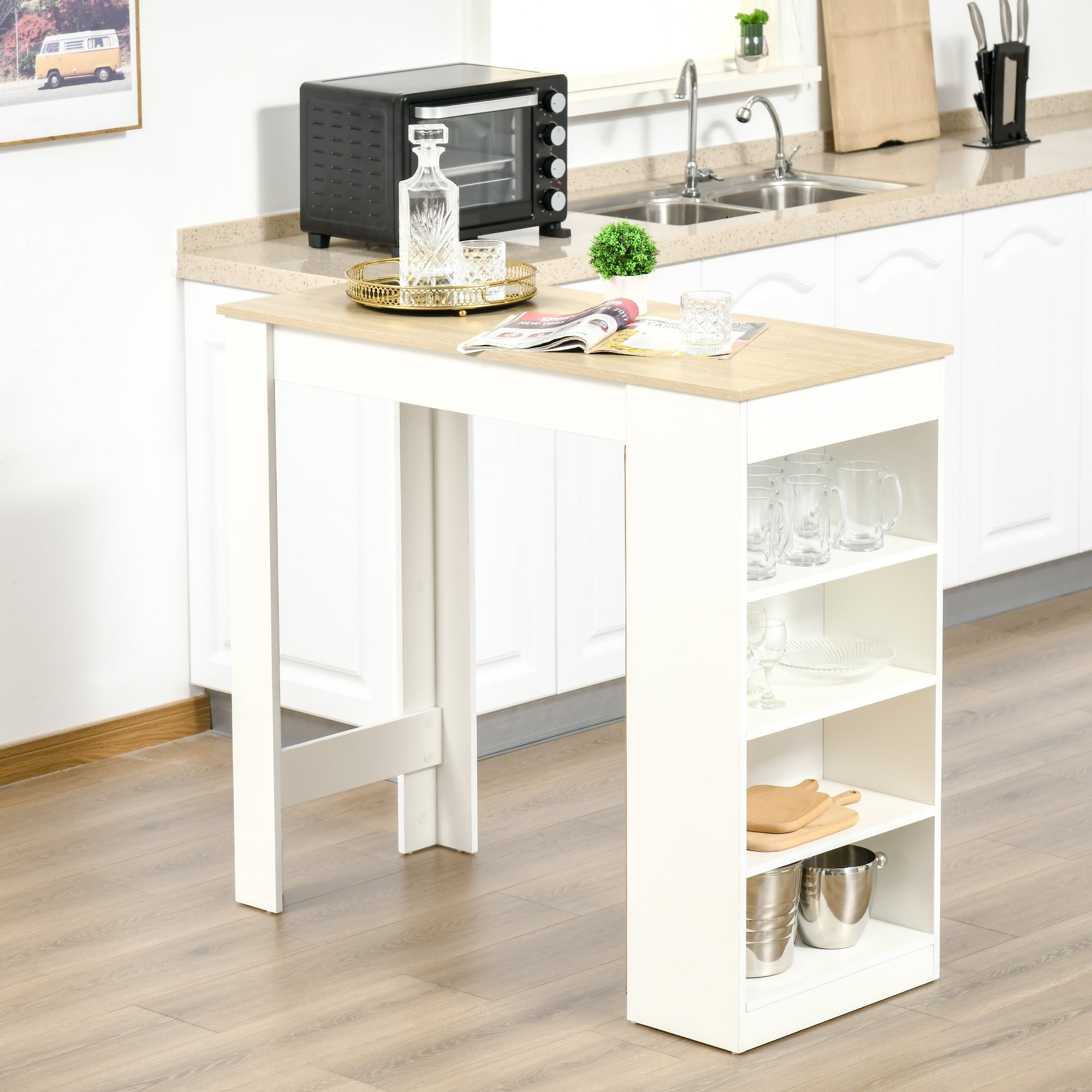HOMCOM Bar Table, High Top Pub Table with 4 Storage Shelves, Modern Bar Height Table for Home Bar, Kitchen, Natural 