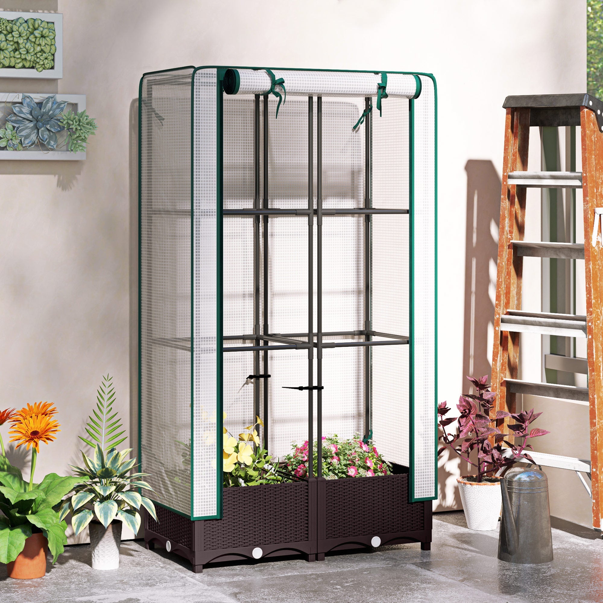 Outsunny Raised Garden Bed Kit with Trellis, Raised Flower Bed with PE Cover and Zipper Door, 31.5 x 15.7 x 48.8 inch, Brown 