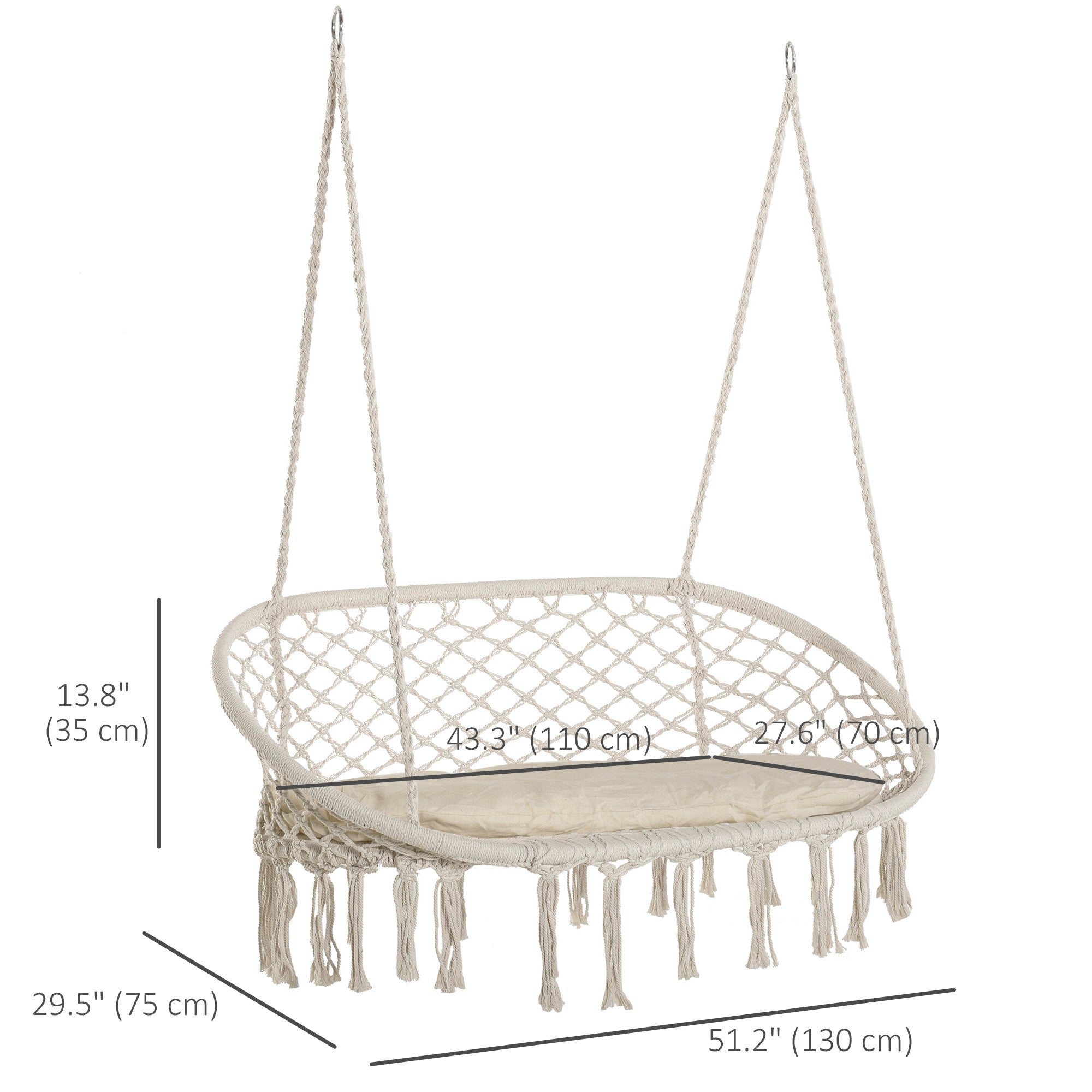 Outsunny Patio Hammock Chair 2 Seat, Hanging Rope Hammock Swing Chair with Metal Frame and Cushion, Large Macrame Seat for Indoor and Outdoor 396 lbs Capacity, Cream White 