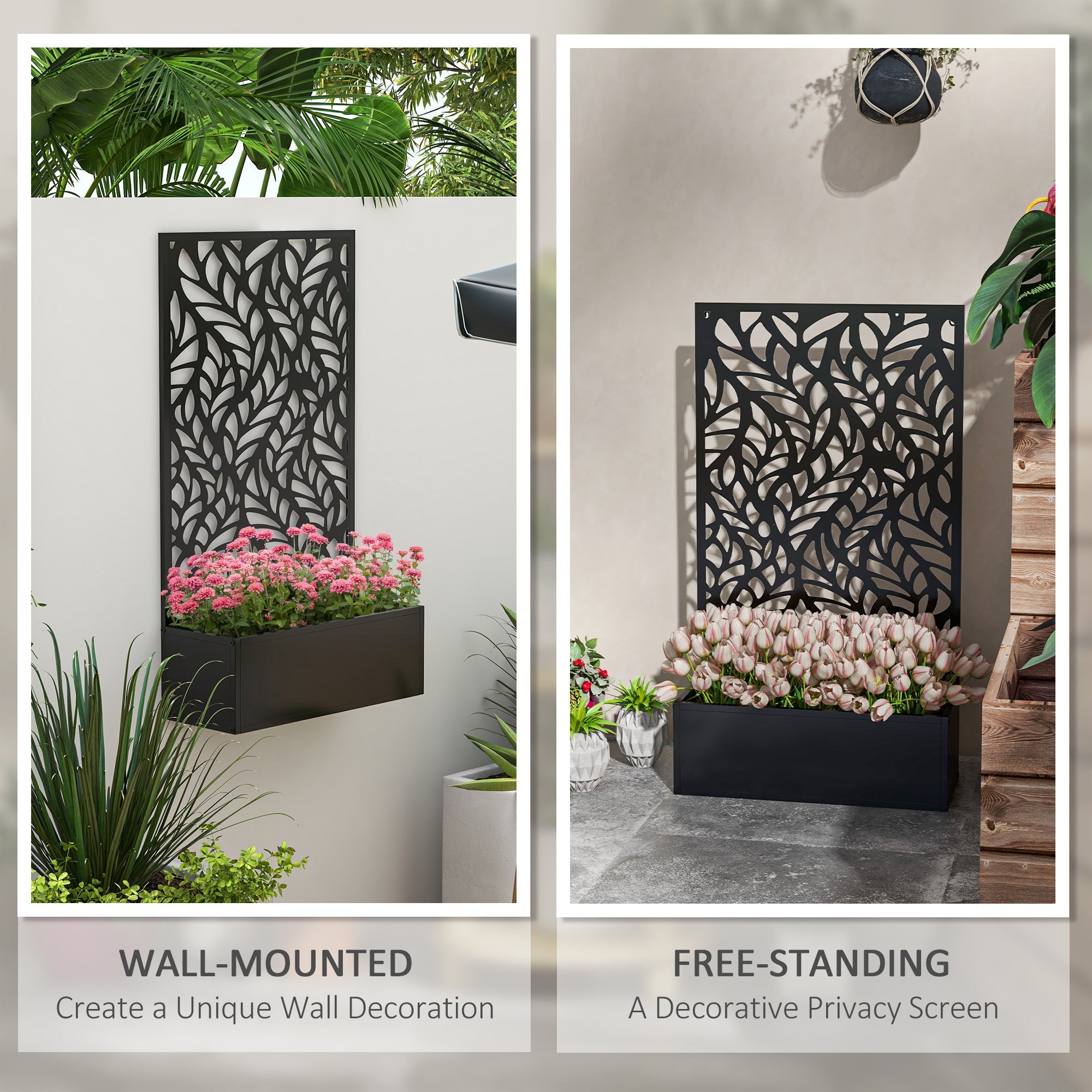 Outsunny Metal Privacy Screen with Garden Bed Freestanding or Wall-Mounted Planter Box for Outdoor Spaces 