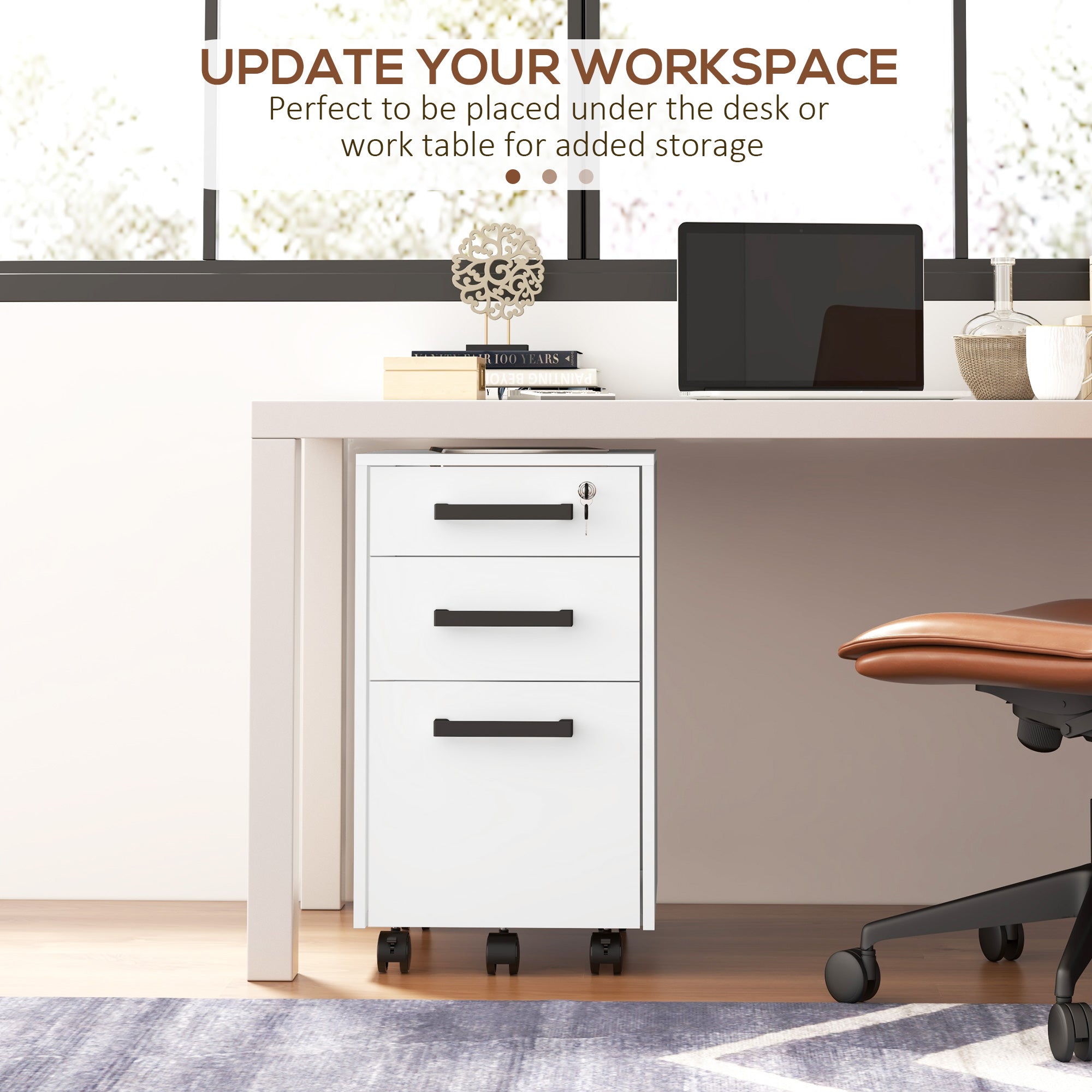 HOMCOM 3-Drawer Lockable File Cabinet Vertical Office Storage with Hanging Bars for A4 Letter Size Documents White 