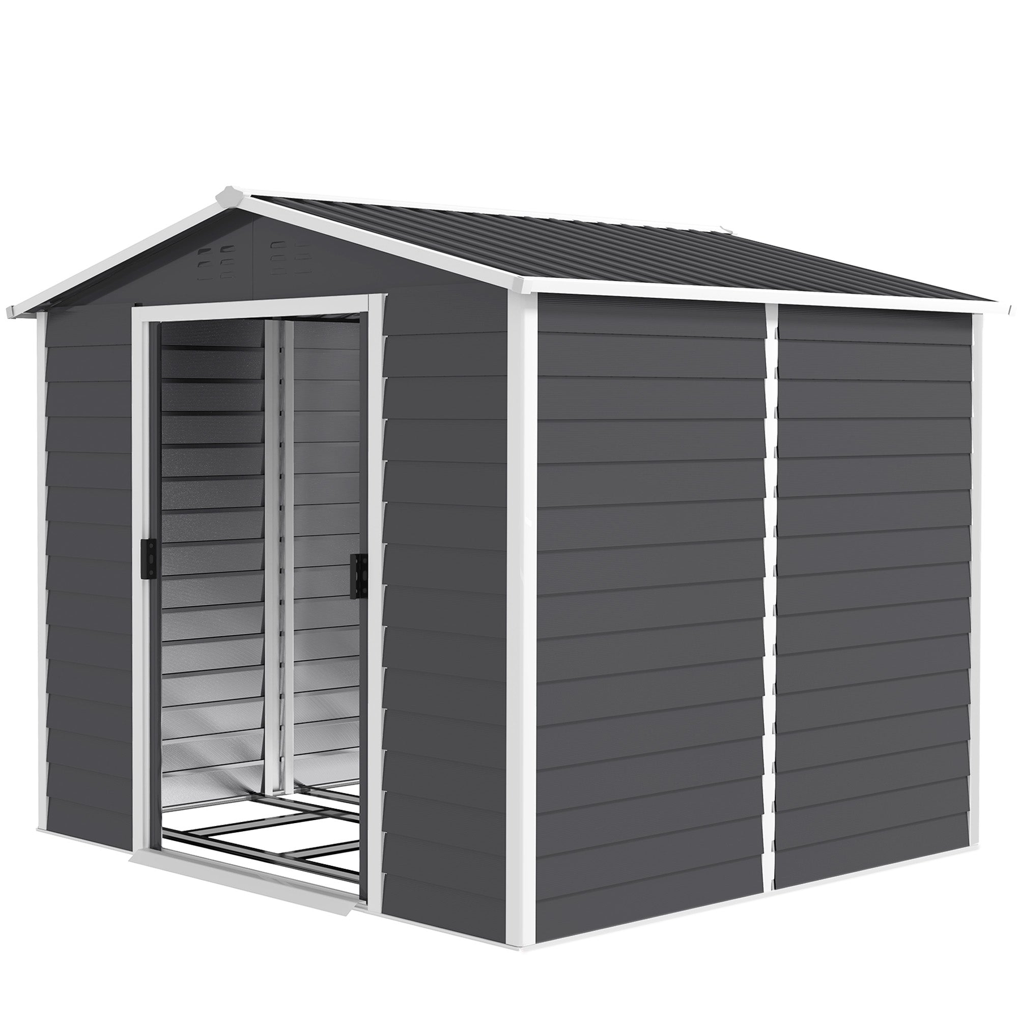 Outsunny 8' x 7' Outdoor Storage Shed, Galvanized Steel Metal Garden Shed w/ Sliding Lockable Doors, Floor Frame, Vents, Waterproof Tool Shed for Backyard, Lawn, Patio, Dark Grey 
