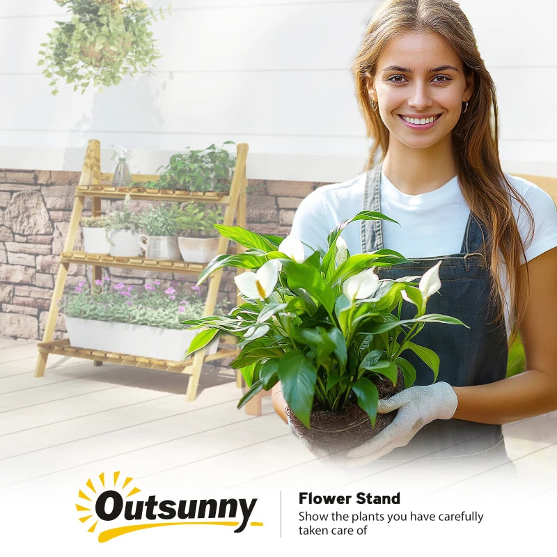 Outdoor Plant Stand, Foldable 3-Tier Wooden Plant Shelf