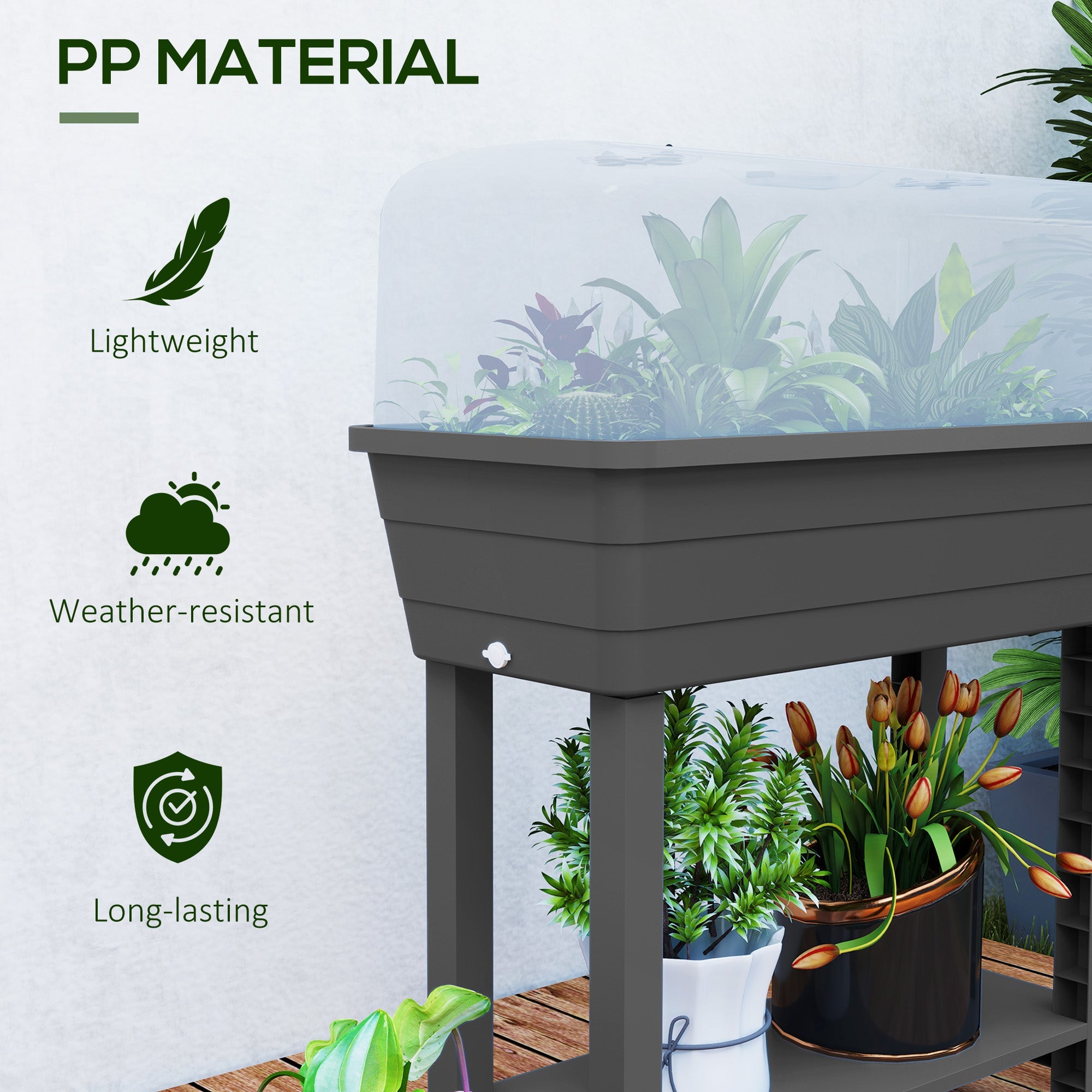 Outsunny 41L Self Watering Raised Garden Bed w/ Ventilation Transparent Lid Greenhouse, Planter Box w/ Storage Shelf, Dark Grey 