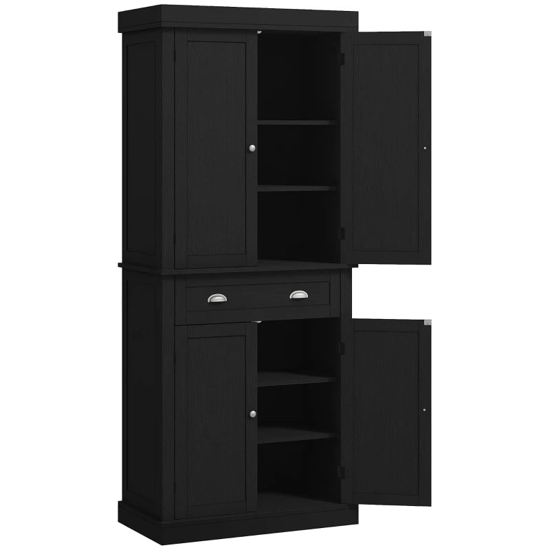 72" Tall Pantry Cabinet, Kitchen Storage Cabinet with 4 Doors, Drawer and 2 Adjustable Shelves, Black Wood Grain
