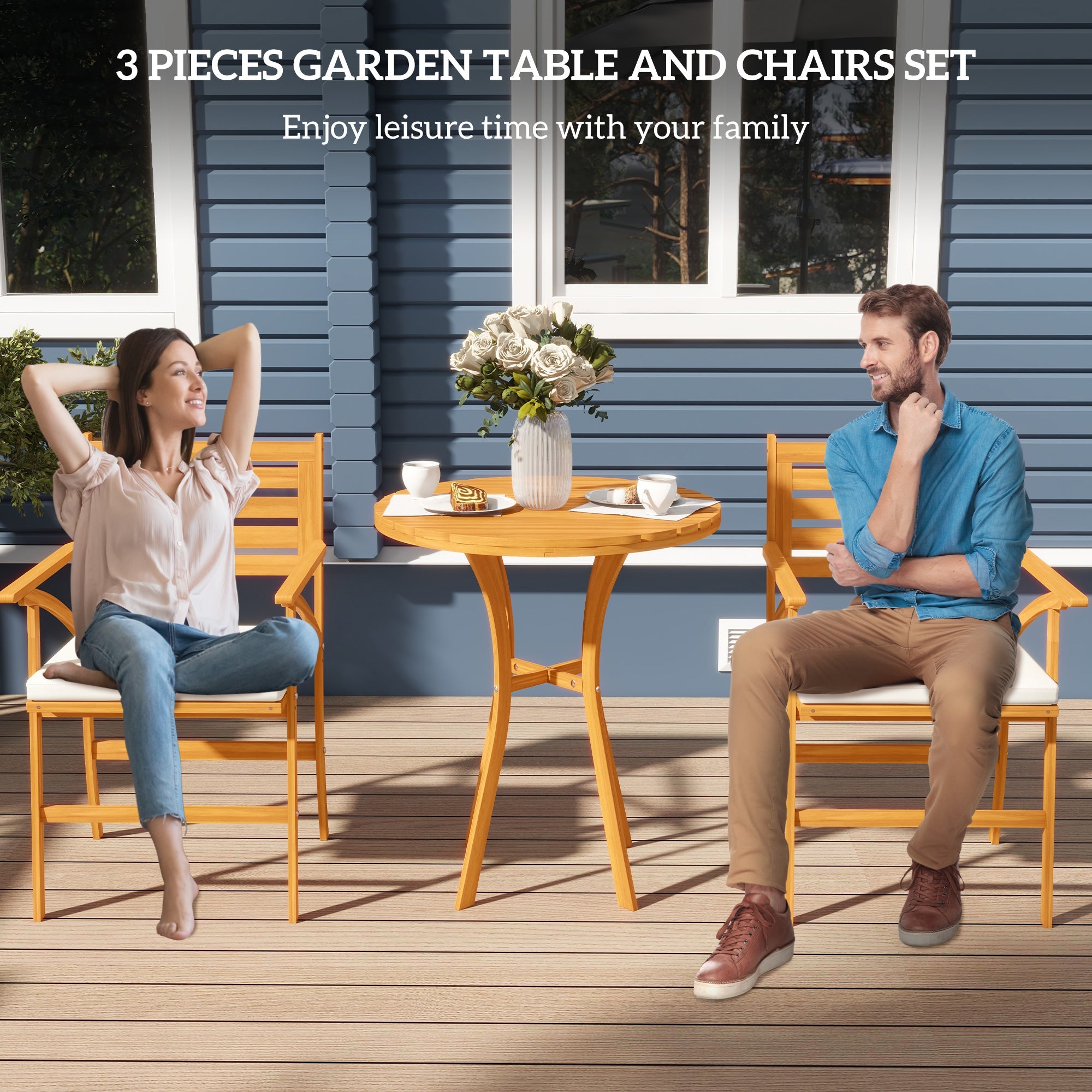 Outsunny 3 Piece Patio Set Small Patio Table and Chairs Wooden Outdoor Bistro Set w/ Cushions, Round Coffee Table, Brown 