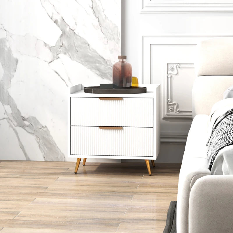 Bedside Table, Nightstand with 2 Drawers, Side End Table with Metal Legs for Bedroom, White