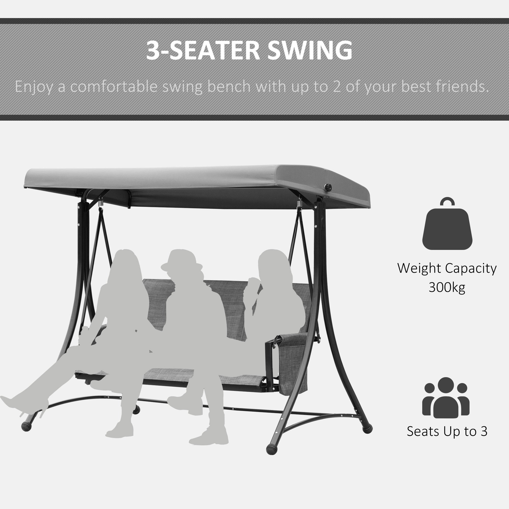 Outsunny 3 Person Porch Swing Chair - High Back Design, Side Pouches, Adjustable Canopy for Comfort, Dark Grey 