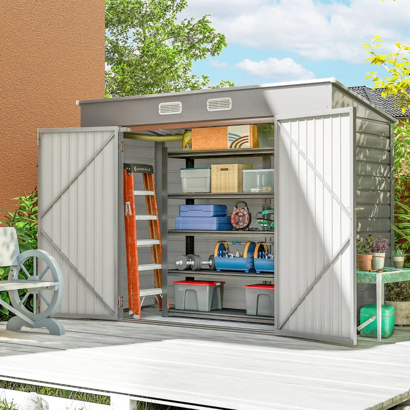 8 x 4FT Galvanized Garden Storage Shed, Metal Outdoor Shed with Double Doors and 2 Vents, Light Grey