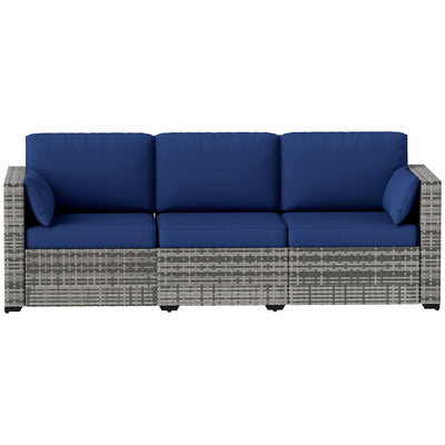 Outsunny 3-Seater Outdoor Sofa with Cushions, PE Rattan Conversation Patio Couch with Pillows for Garden, Poolside, Dark Blue 