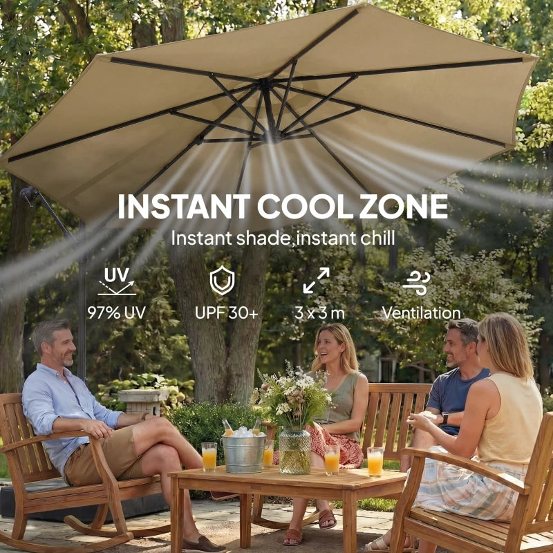 9.6 ft Offset Patio Umbrella with Sandbag, Garden Hanging Banana Cantilever Parasol with 360° Rotation, Khaki
