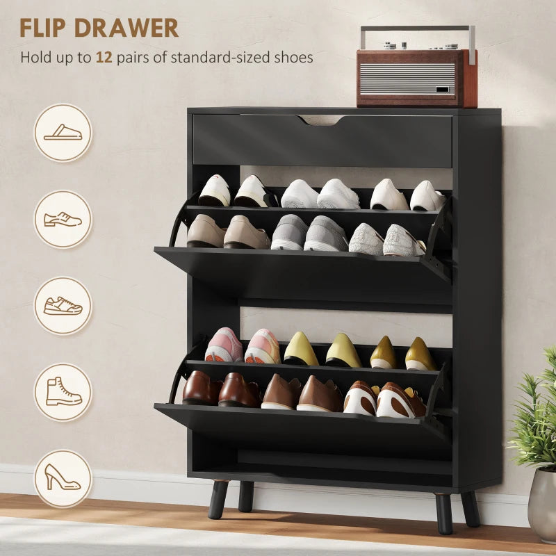 Narrow Shoe Cabinet for Entryway with 2 Flip Drawers, Top Drawer and Adjustable Shelves for 12 Pairs of Shoes, Black