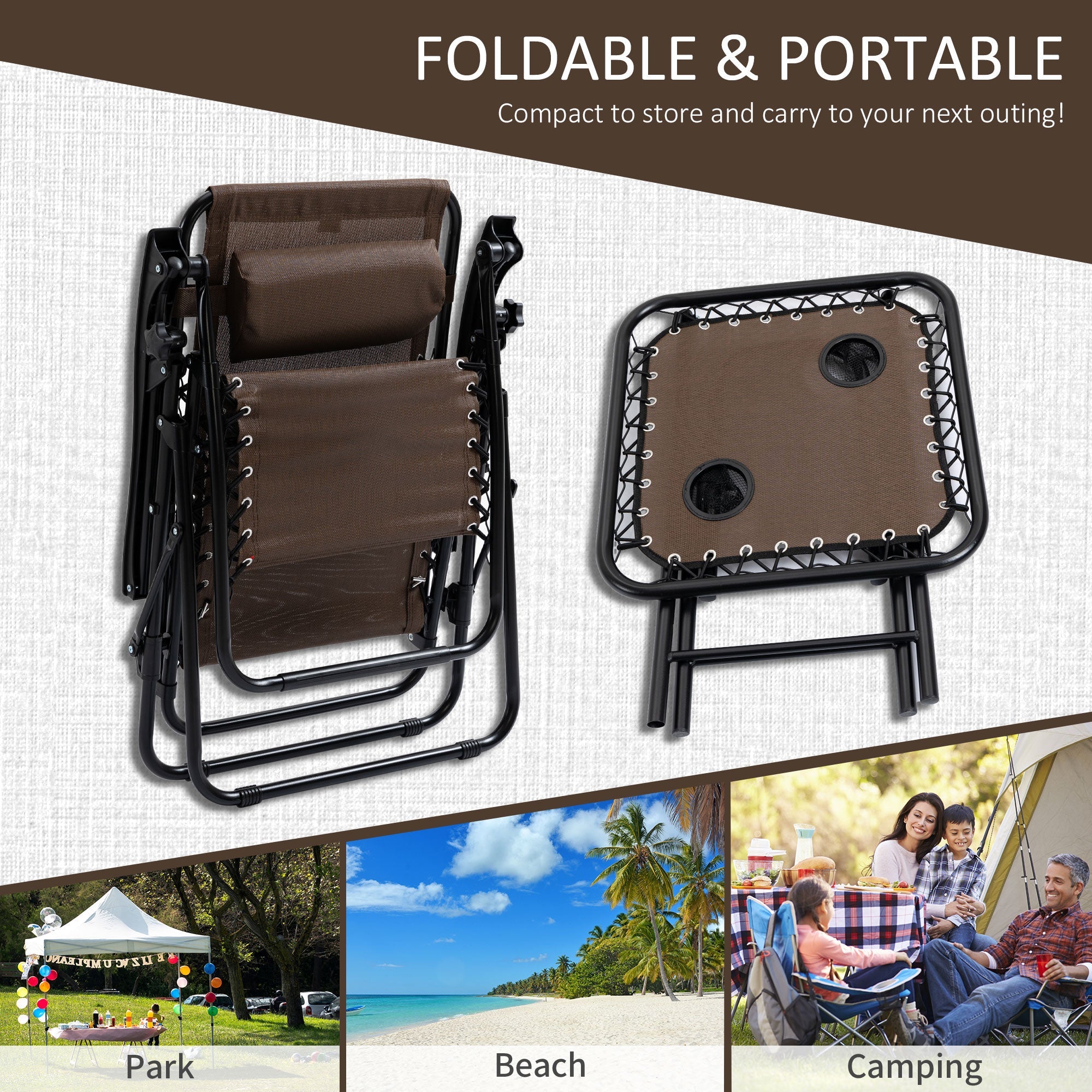 Outsunny Zero Gravity Chair Set of 2 Patio Chair with Side Table Cupholders and Pillows for Pool, Backyard, Lawn, Beach, Brown 