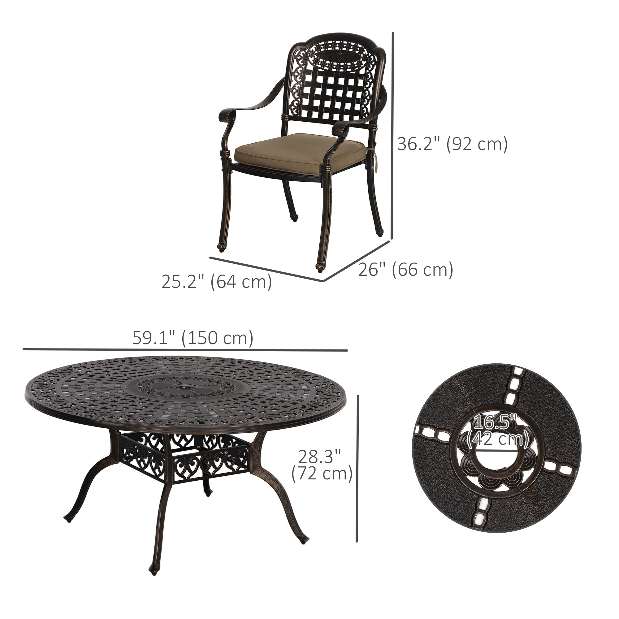Outsunny 7 Pieces Outdoor Dining Set for 6, Aluminum Patio Table and Chairs Furniture Set with Umbrella Hole, Cushions, Bronze 