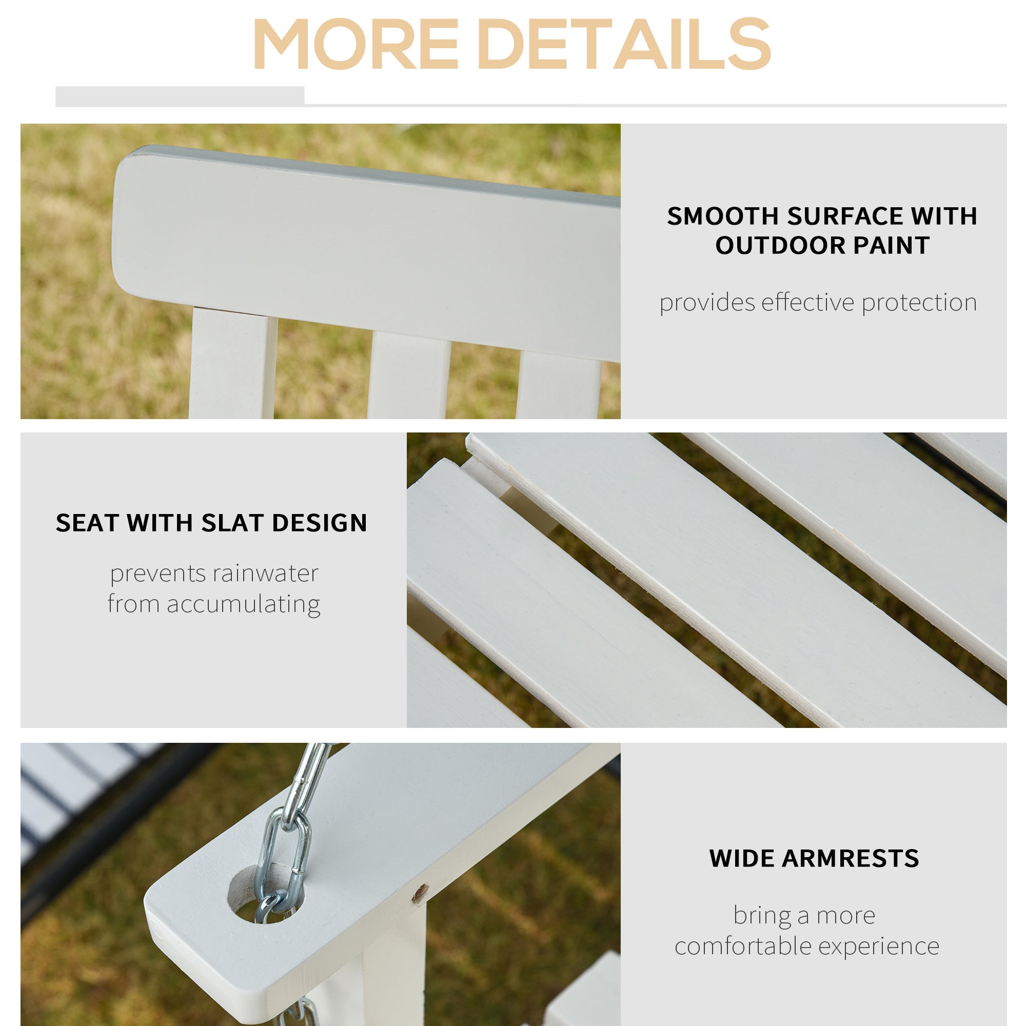 Outsunny Fir Wooden Porch Swing Chair 2-Seater Patio Swing with Slatted Design and Hanging Chains in White 