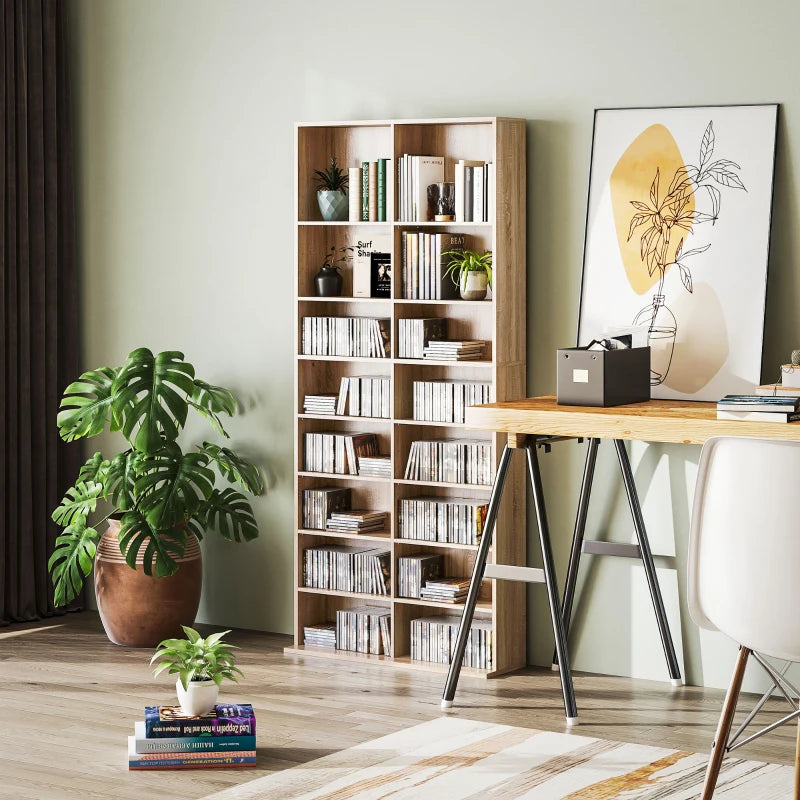 9-Tier DVD Shelf with 18 Compartments and 14 Adjustable Shelves, Holds 640 CDs, 360 DVDs or 430 Blu-rays, Natural Wood
