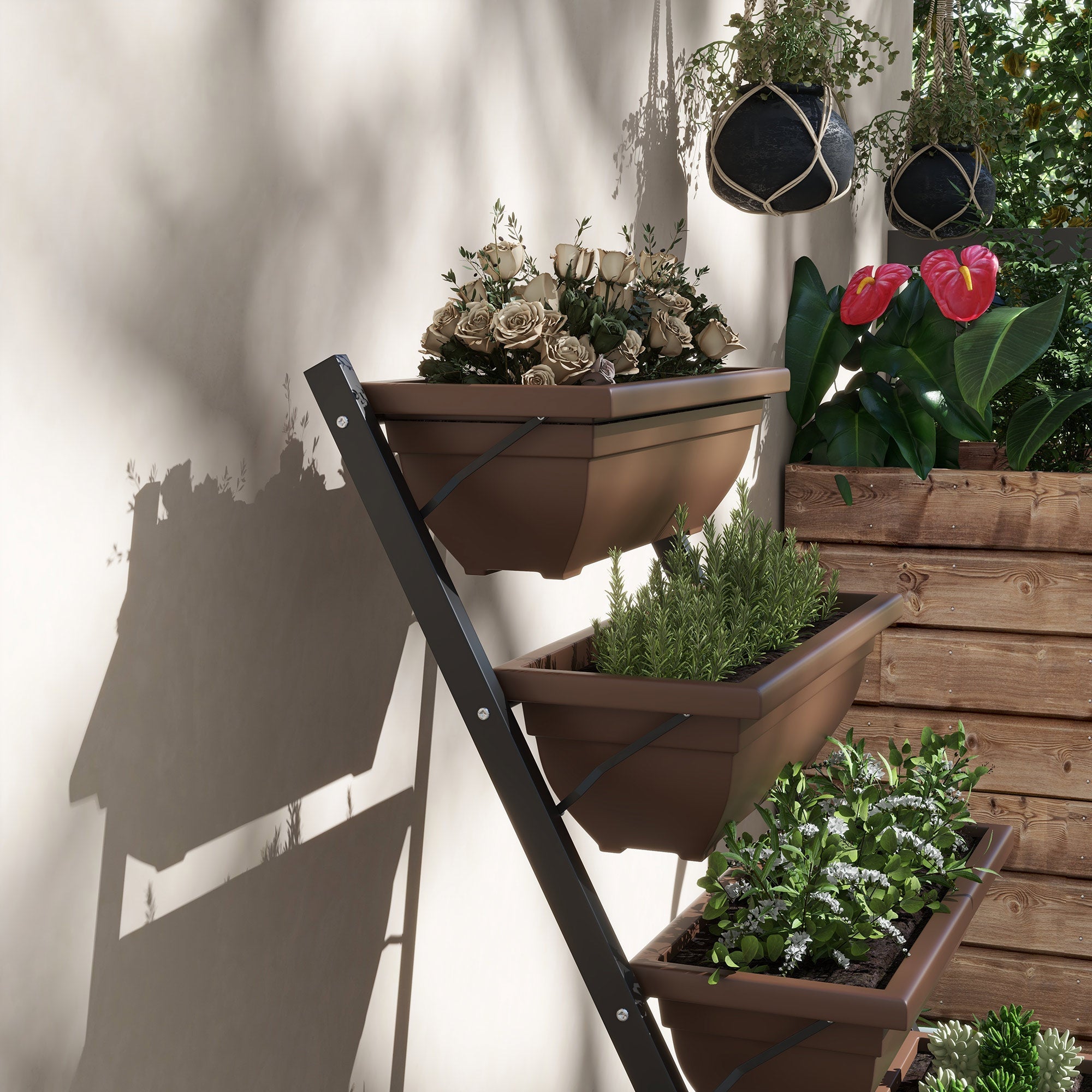 Outsunny 5-Tier Elevated Garden Bed Outdoor 5 Planter Boxes, Plant Stand, Drainage Holes, in Brown 