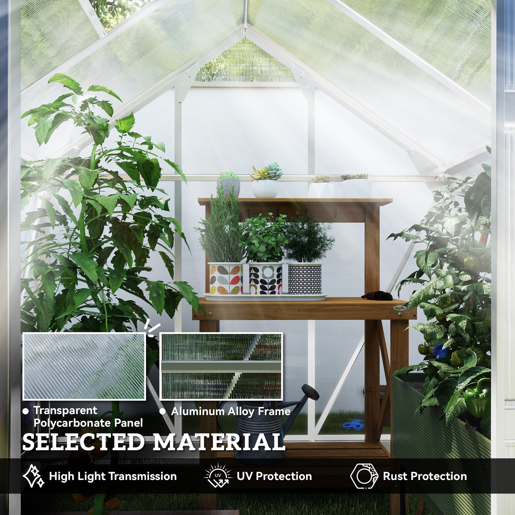 Outsunny 6' x 6' x 6.6' Polycarbonate Greenhouse, Walk-In Green House Kit Garden, Plants Grow, Galvanized Sheet Aluminum Frame with Rain Gutter, Vent and Sliding Door, Silver 