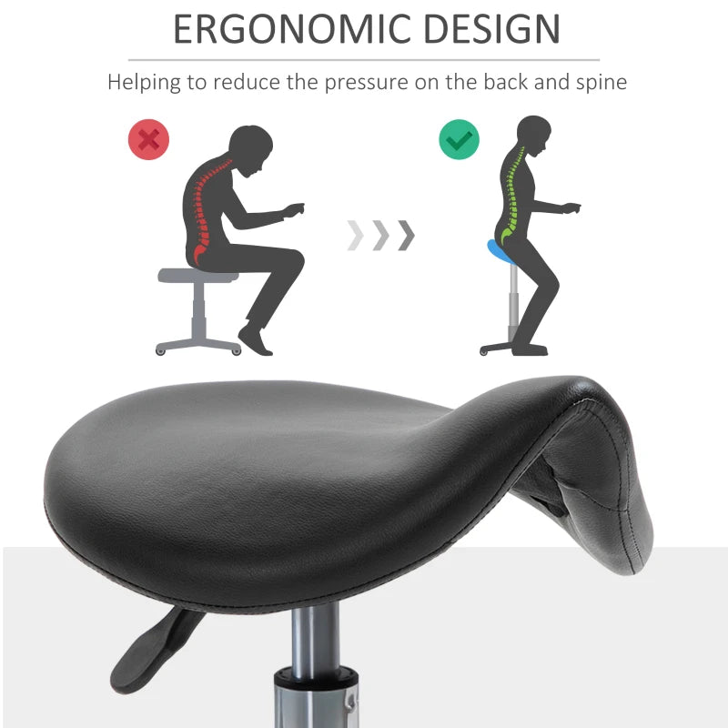 Saddle Stool, PU Leather Adjustable Rolling Salon Chair for Massage, Spa, Clinic, Beauty and Tattoo, Black