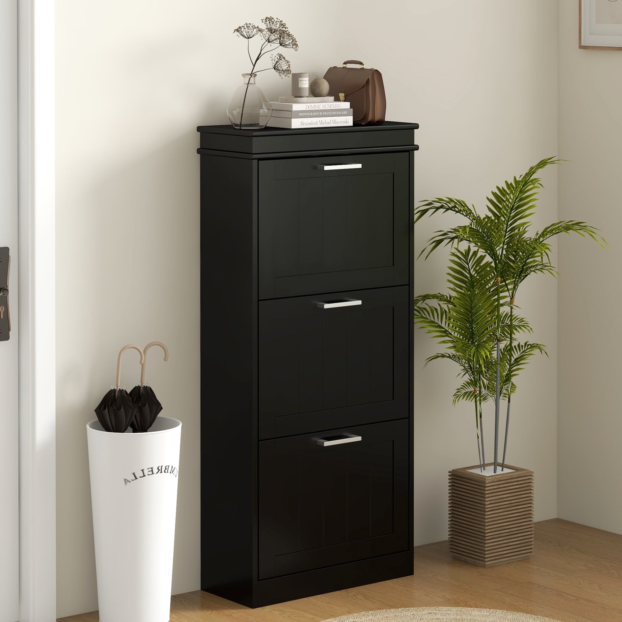 HOMCOM Narrow Shoe Cabinet: Black Storage with 3 Flip Drawers & Adjustable Shelves for 15 Pairs, Modern Design 