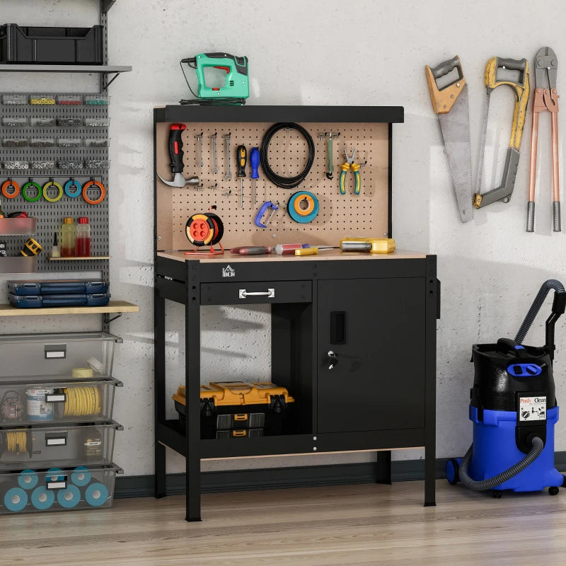 Multipurpose Tool Workbench for Garage, Garage Bench with Storage Drawer, Peg Board, Lockable Cabinet