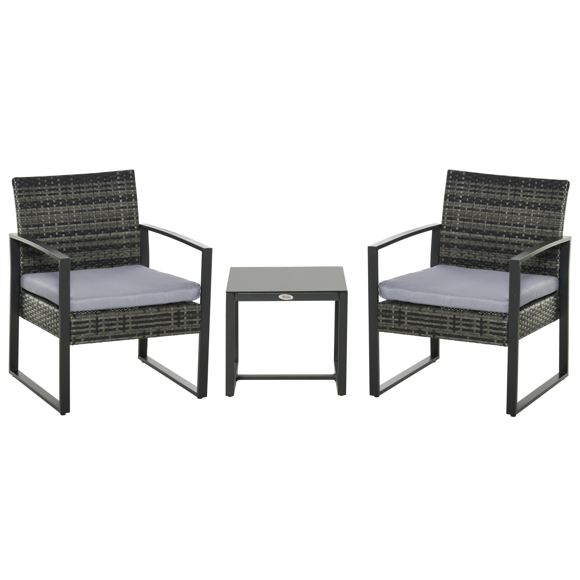 Outsunny 3 Pieces Patio Bistro Set, Outdoor PE Rattan Garden Porch Furniture w/ Cushioned Chairs & Tea Table Patio Furniture, Grey 