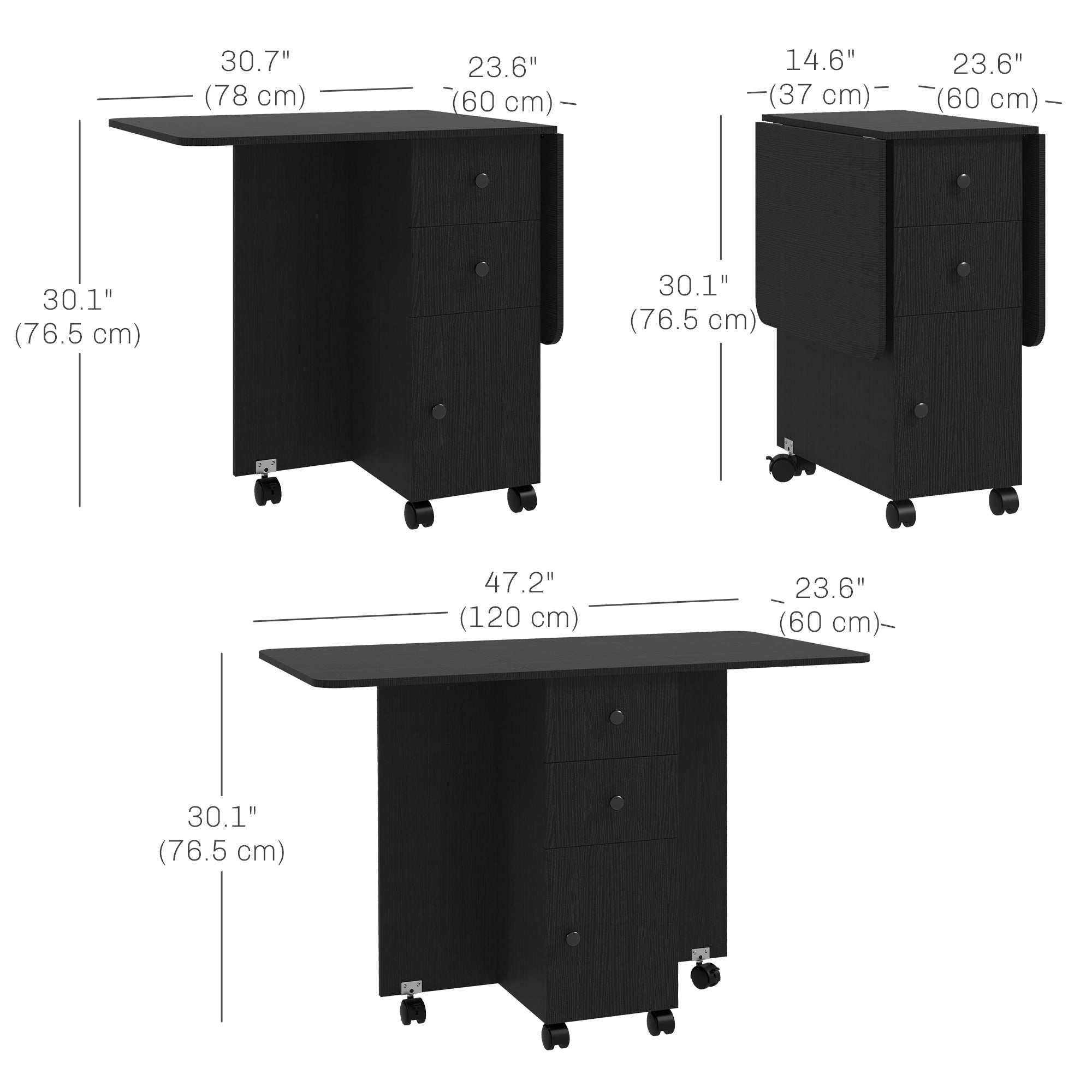 HOMCOM Drop Leaf Dining Table, Mobile Folding Table on Wheels with Drawers and Cabinet for Dining Room, Kitchen, Black 
