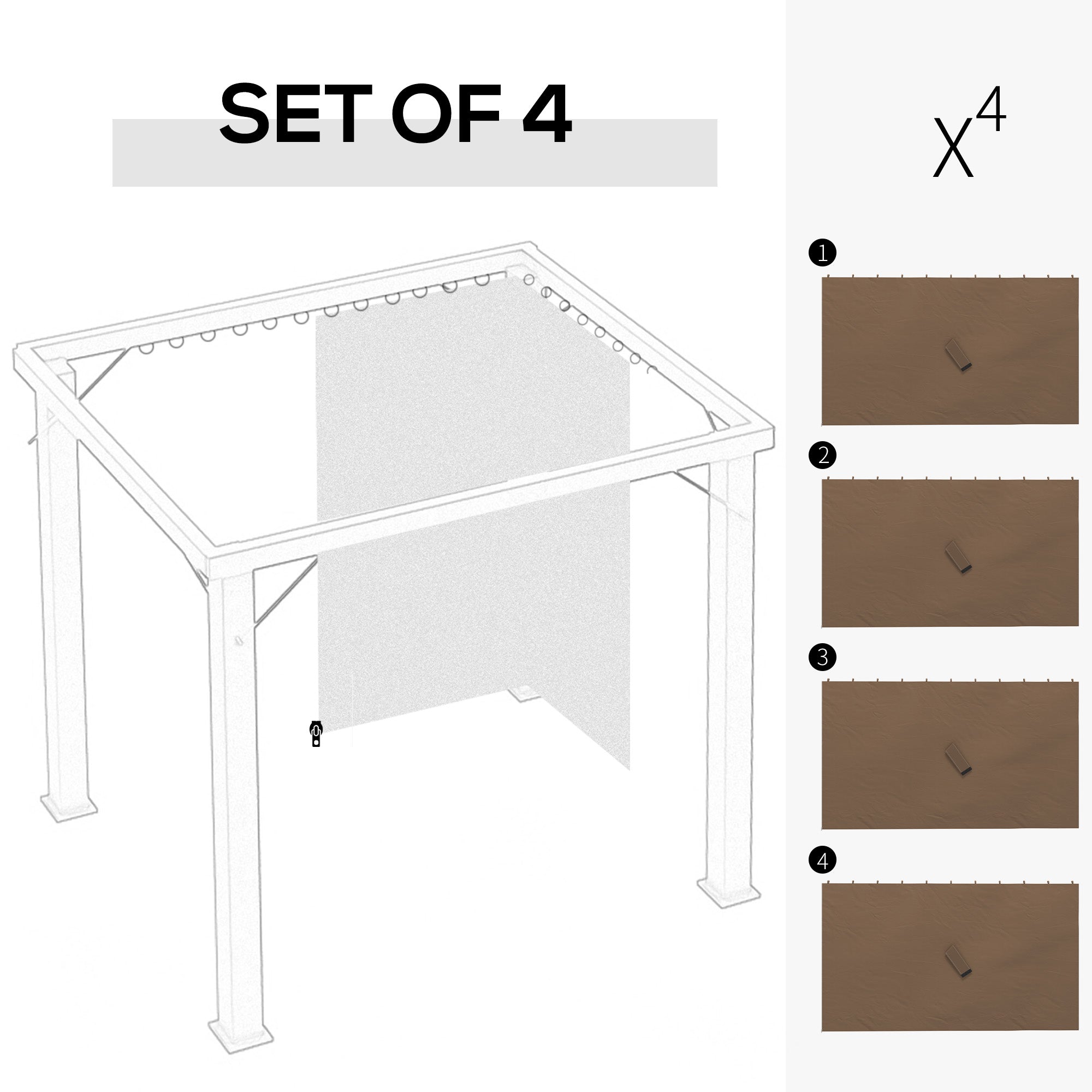 Outsunny 4-Panel Replacement Gazebo Curtains Gazebo Privacy Sidewall for 10' x 13' Canopy, Hooks/C-Rings Included, Dark Brown 