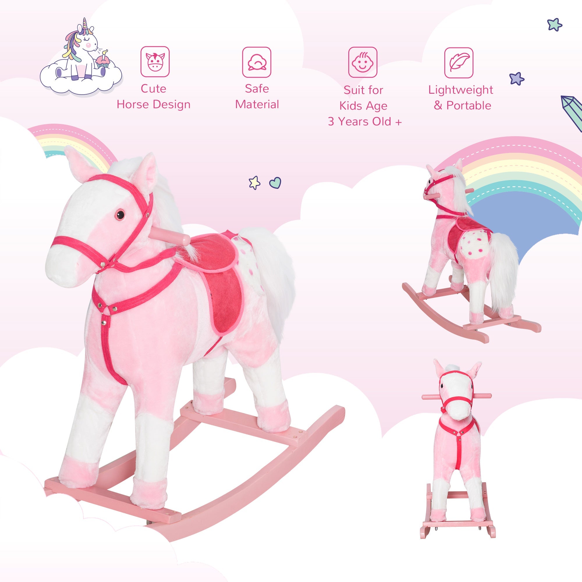 Qaba Rocking Plush Horse Poney Pony Children Kid Ride on Toy w/ Realistic Sound (Light Pink) 