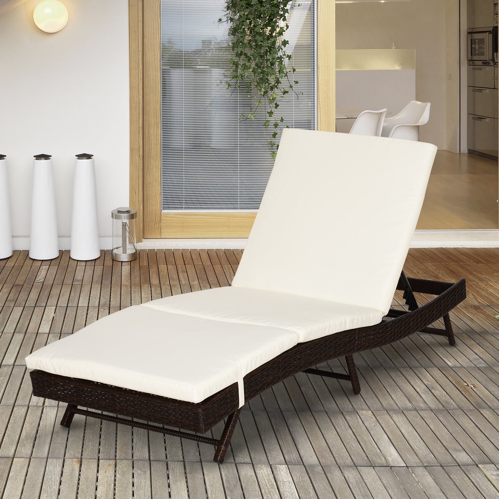 Outsunny Patio Lounger Chair Outdoor Rattan Wicker Chaise 5 Position Back Cream Cushion 