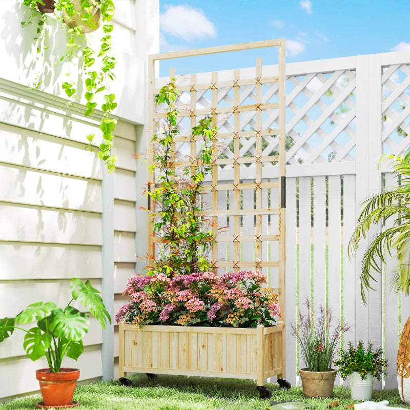 Wooden Planter with Trellis, Raised Garden Bed with Wheels, Drainage Holes for Climbing Plants, Flowers, Nature Wood