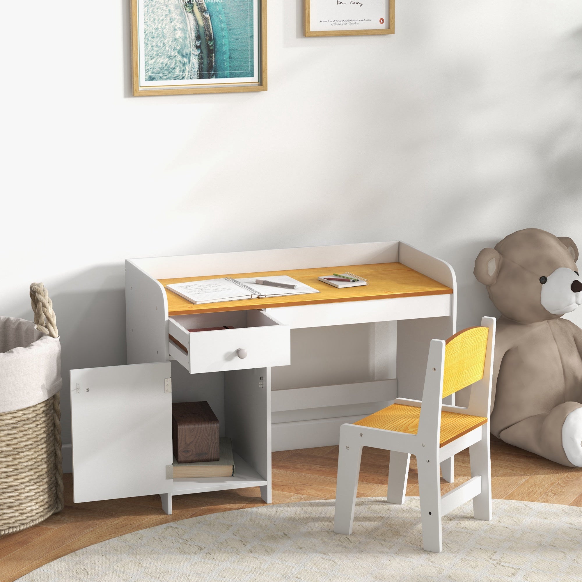 Qaba Kids Desk and Chair Set for 3-6 Year Old with Storage Drawer Study Table and Chair for Children White 