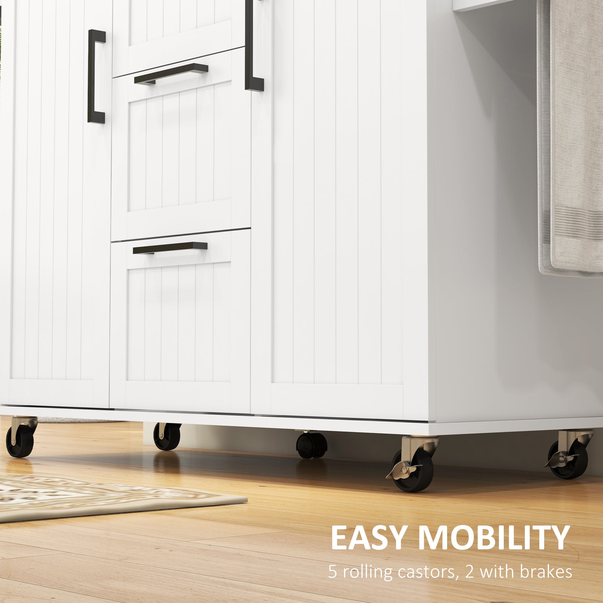 HOMCOM Kitchen Island Cart: On Wheels, Drop Leaf, 3 Drawers, Cabinets, Natural Wood Top, White 