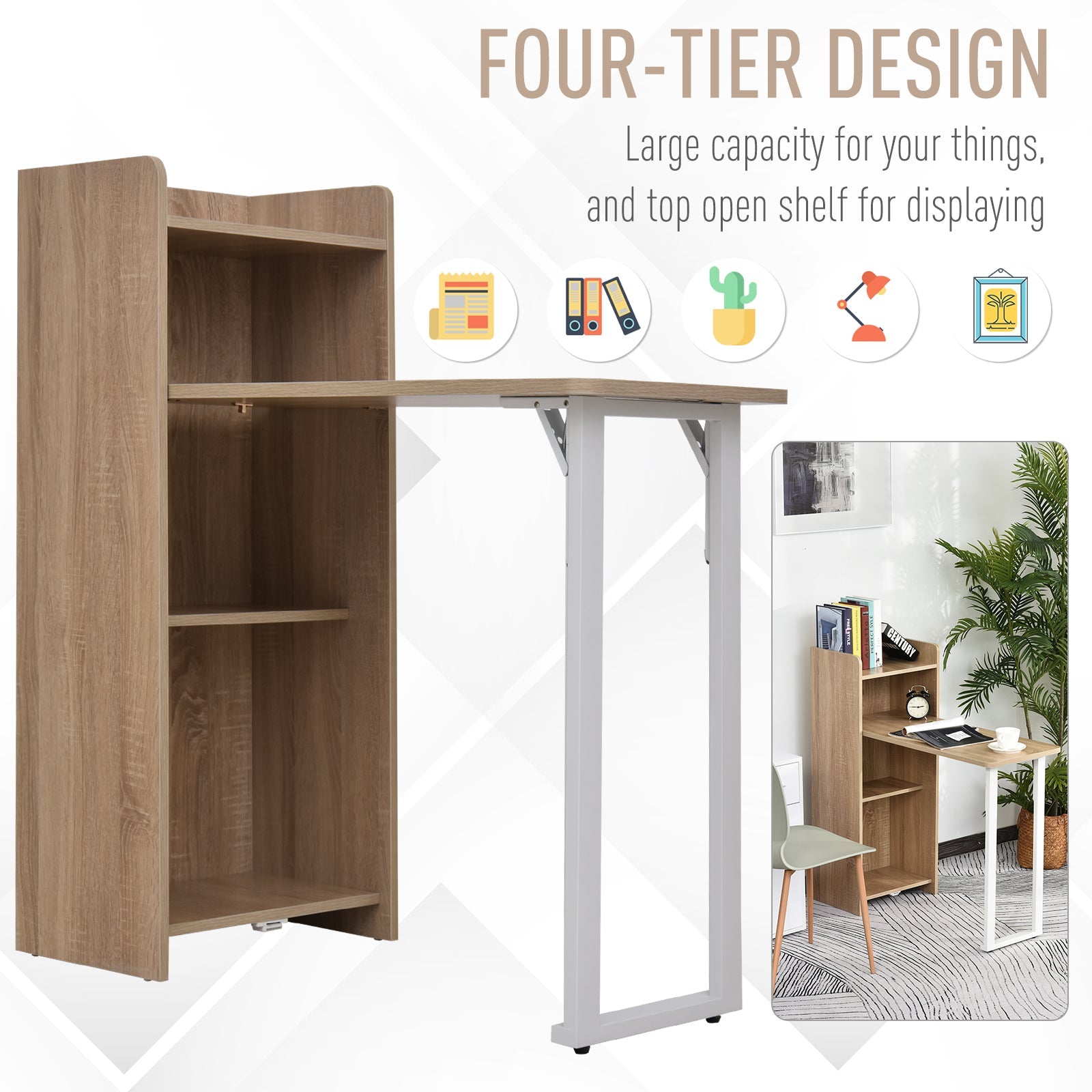HOMCOM 2 In 1 Storage Cabinet & Dining Table 4-Tier Shelf Drop Leaf Tabletop Anti-toppling Design Small Spaces 