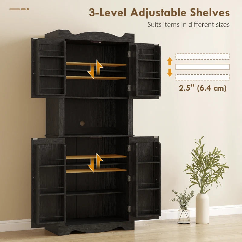 73" Kitchen Pantry Cabinet, Freestanding Kitchen Hutch with 12 Door Shelves, Adjustable Shelves, Microwave Stand, Black