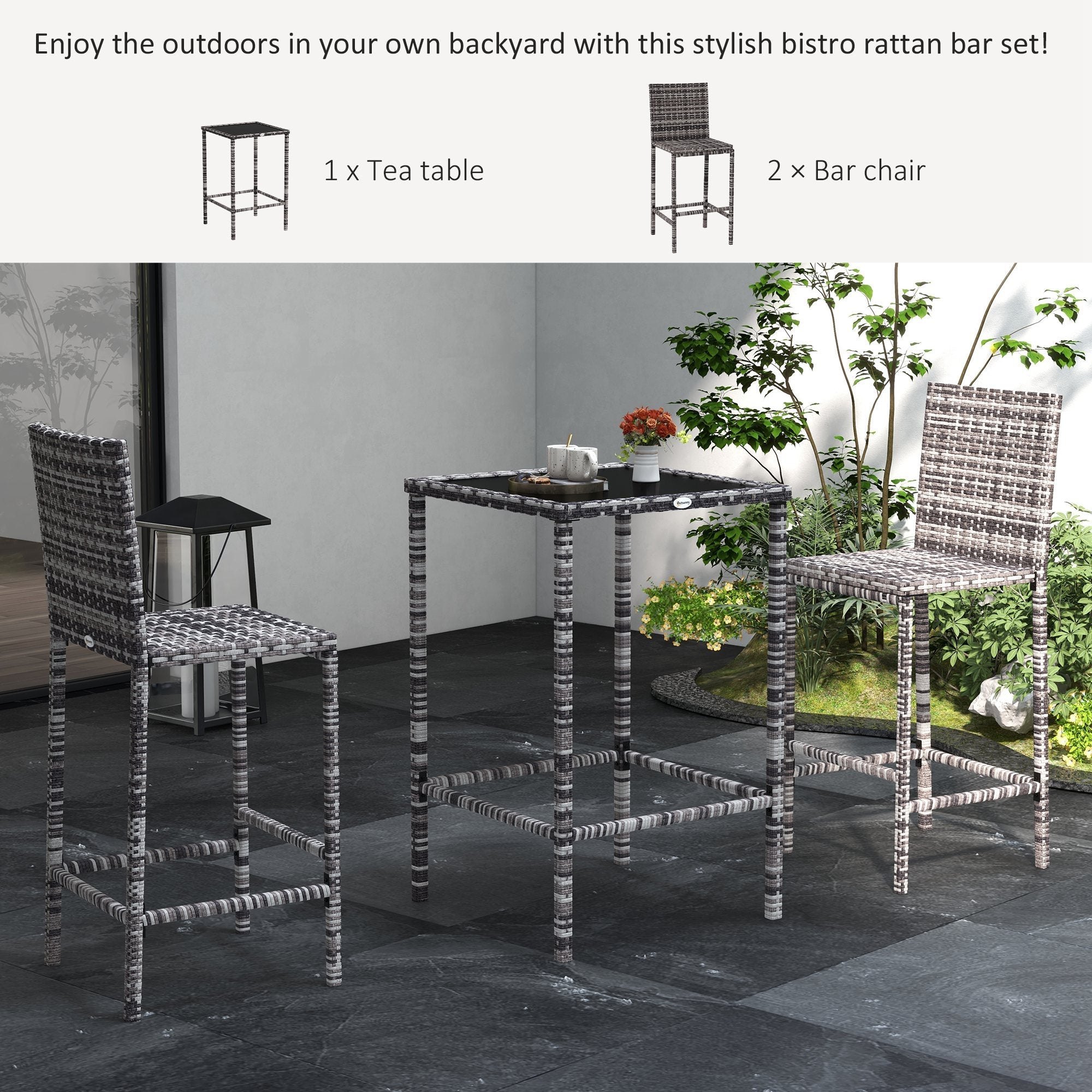 Outsunny 3 Piece Patio Bar Set Wicker Rattan Bistro Set Barstool and Table Patio Backyard Balcony Poolside Grey 