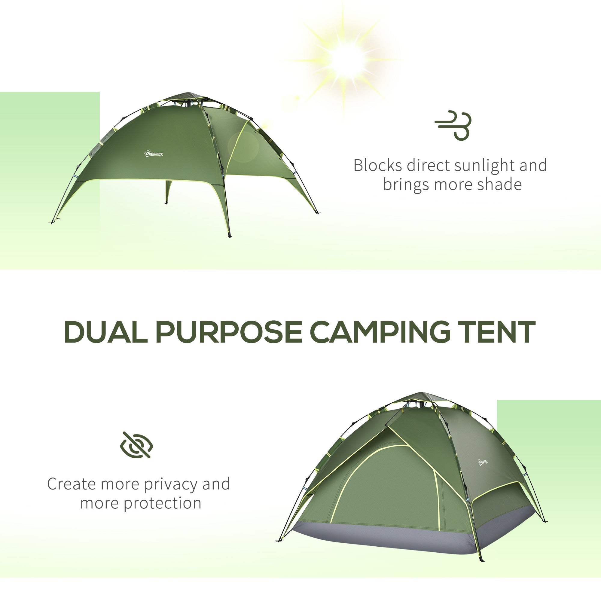 Outsunny Camping Tent, 3 Person Family Tent, 1000mm Waterproof, with Sewn-in Groundsheet and Carry Bag,  for Fishing, Dark Green 