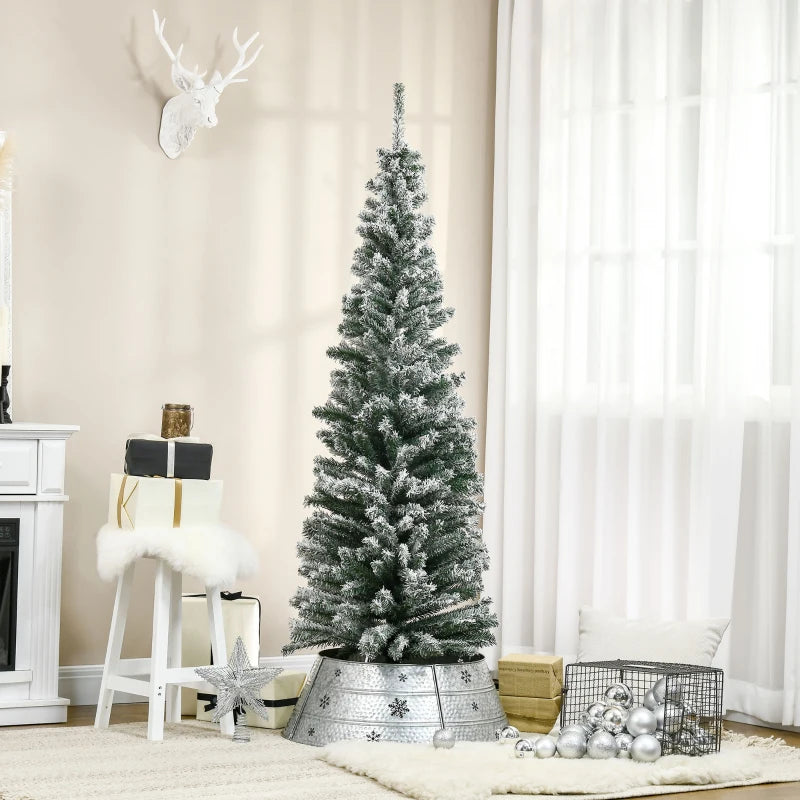 HOMCOM 6ft Flocked Christmas Tree, Pencil Artificial Xmas Tree with Faux Snow, Dense Branches, Foldable Metal Base for Indoor Holiday Decor