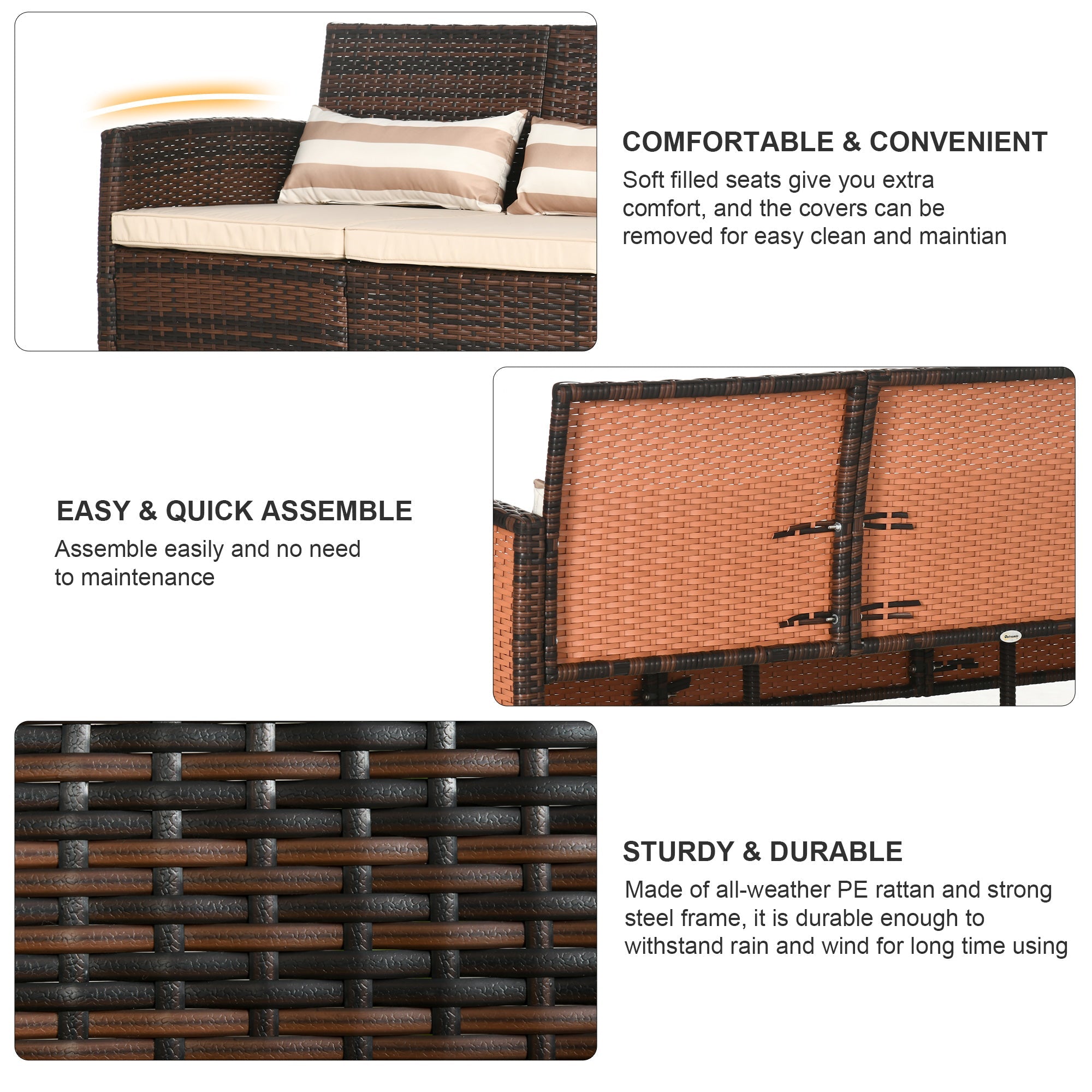 Outsunny 3-Seater Wicker Sofa, PE Rattan Outdoor Couch Conversation Furniture with Removable Cushions for Patio, Garden, Brown 